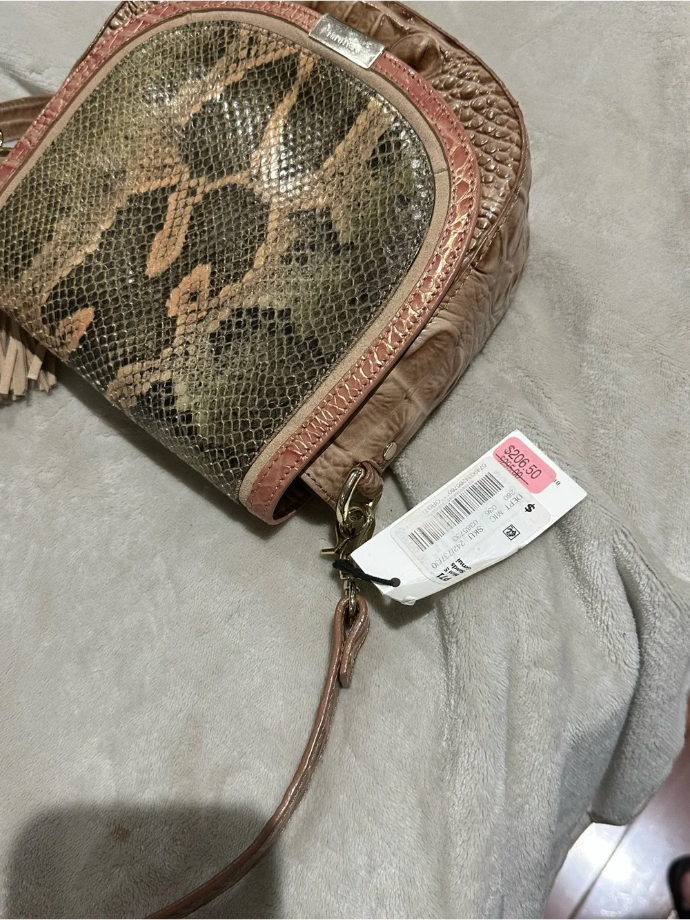 Brahmin Taupe Croc-Textured Crossbody with Snakeskin Flap